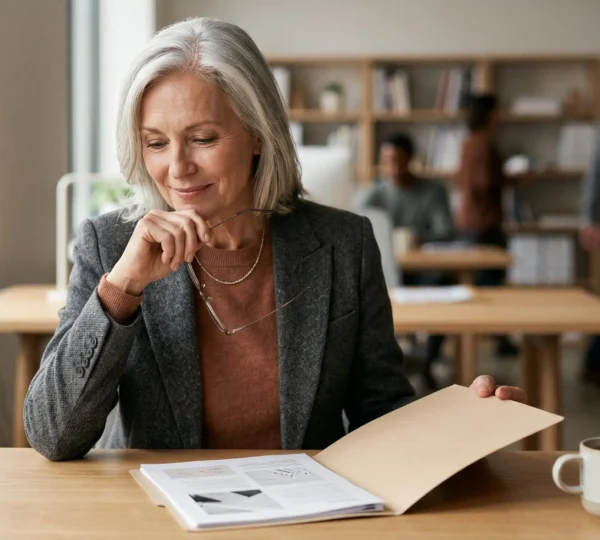 Professionnel senior consultant ses documents de carrière pour préparer sa retraite
