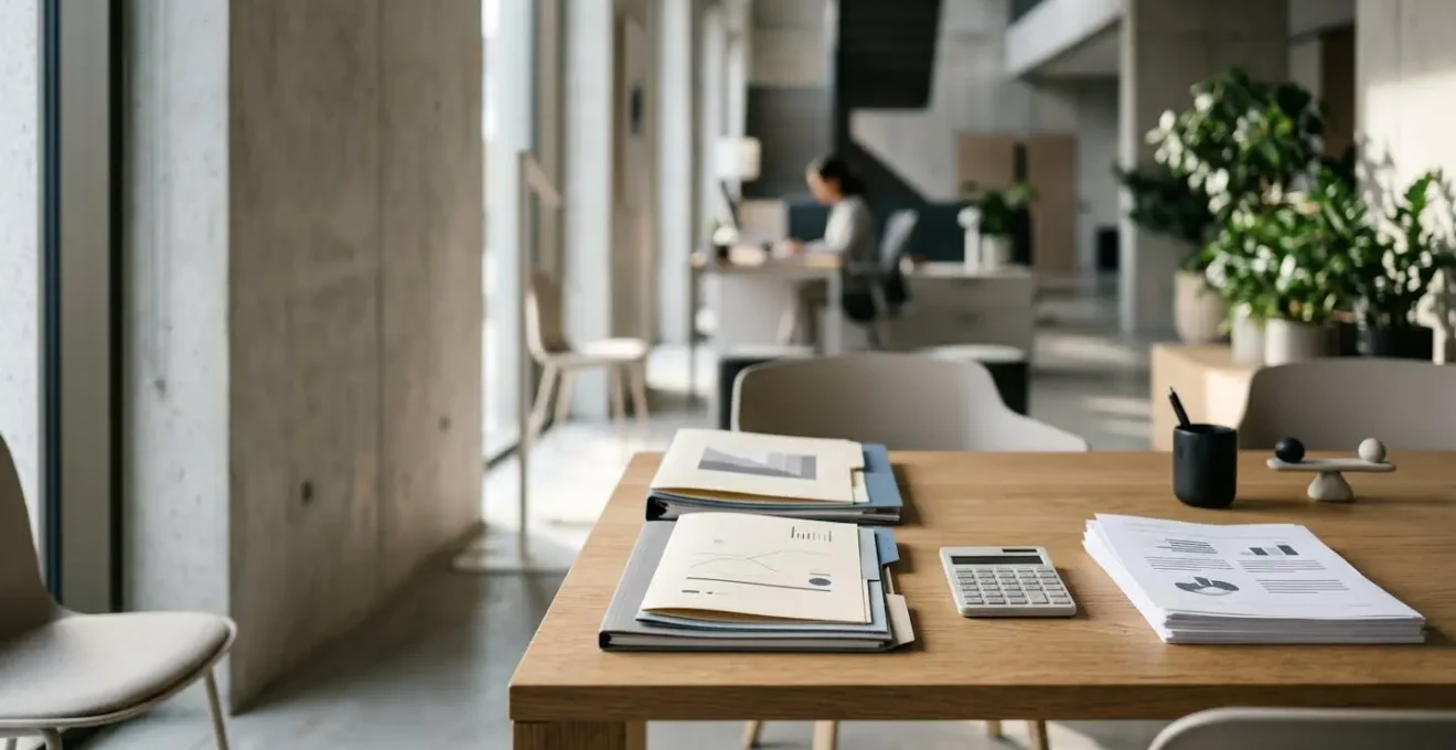 Analyse de dossier de credit immobilier par un conseiller bancaire avec documents financiers et calculatrice