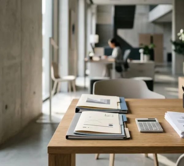 Analyse de dossier de credit immobilier par un conseiller bancaire avec documents financiers et calculatrice