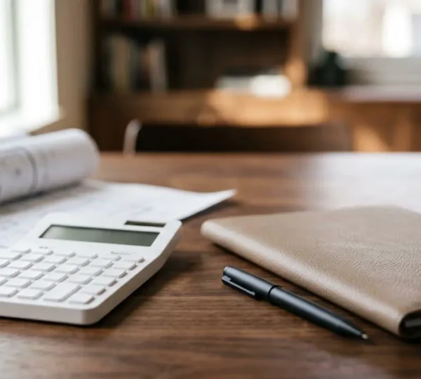 Scène professionnelle symbolisant la stratégie d'obtention de crédit immobilier avec des documents financiers et un environnement de bureau moderne