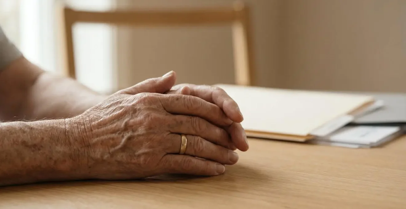 Gros plan sur des mains de seniors consultant des documents financiers pour planifier le financement d'un EHPAD