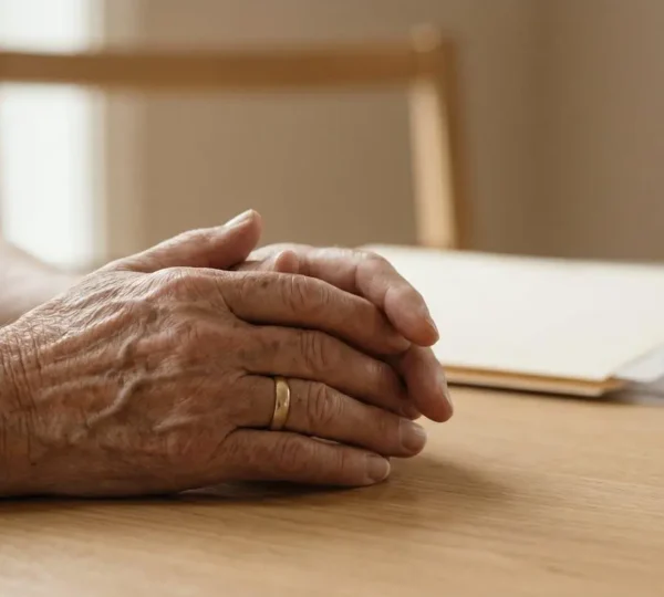 Gros plan sur des mains de seniors consultant des documents financiers pour planifier le financement d'un EHPAD