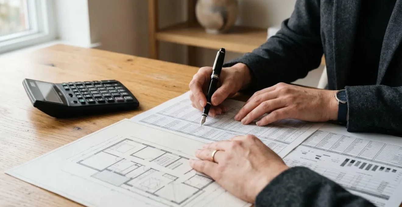 Investisseur analysant des documents financiers pour un projet immobilier, ambiance professionnelle et réaliste