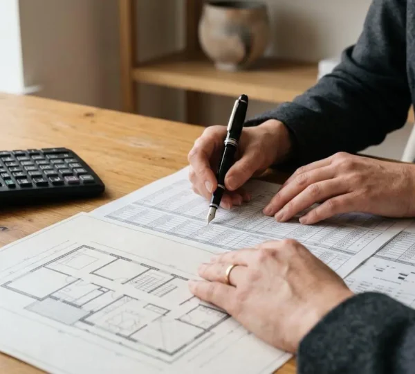 Investisseur analysant des documents financiers pour un projet immobilier, ambiance professionnelle et réaliste