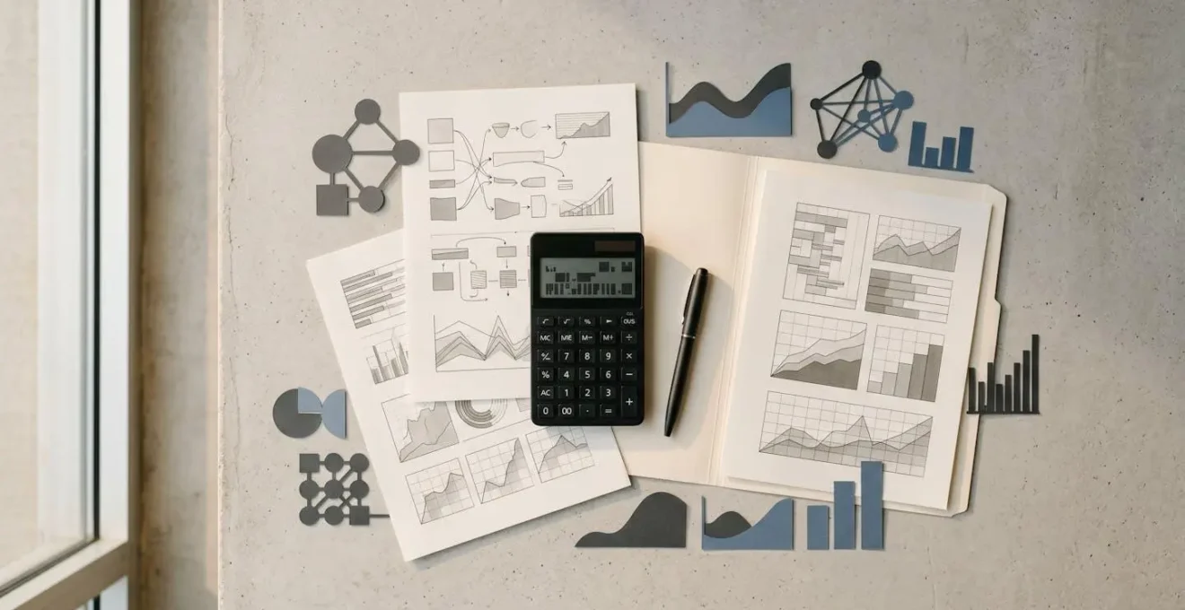 Documents de crédit immobilier disposés sur une table avec une calculatrice et des graphiques financiers