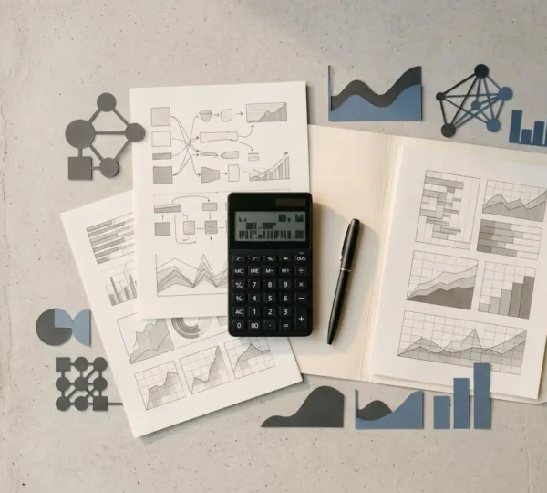 Documents de crédit immobilier disposés sur une table avec une calculatrice et des graphiques financiers